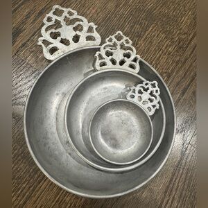 3 Stede Porringer Bowls Pewter w Filigree Handle Porridge Dish Vintage Decor Set